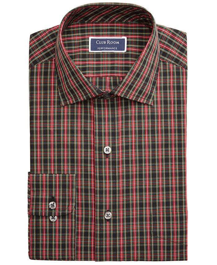 Camisa social masculina Club Room Classic Regular Fit Stretch resistente a rugas, xadrez, preta, tamanho 34-35