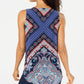 JM Collection Blusa feminina sem mangas com estampa e colar azul tamanho pequeno