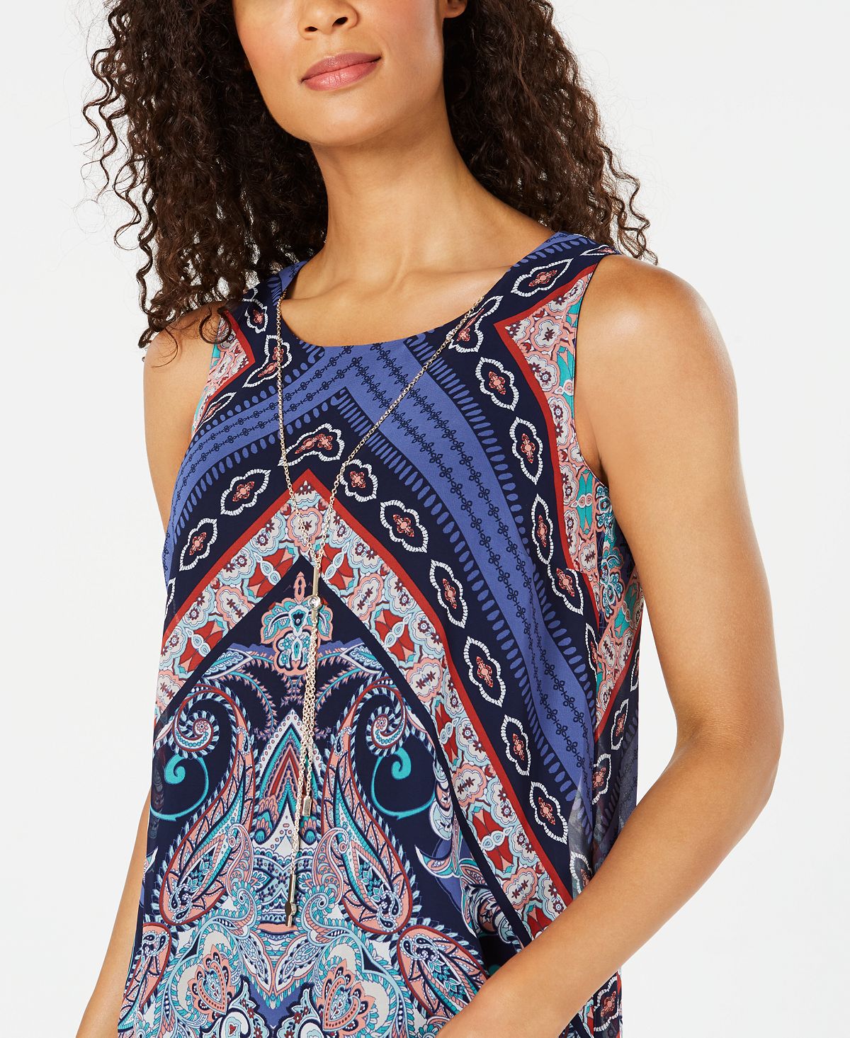 JM Collection Blusa feminina sem mangas com estampa e colar azul tamanho pequeno