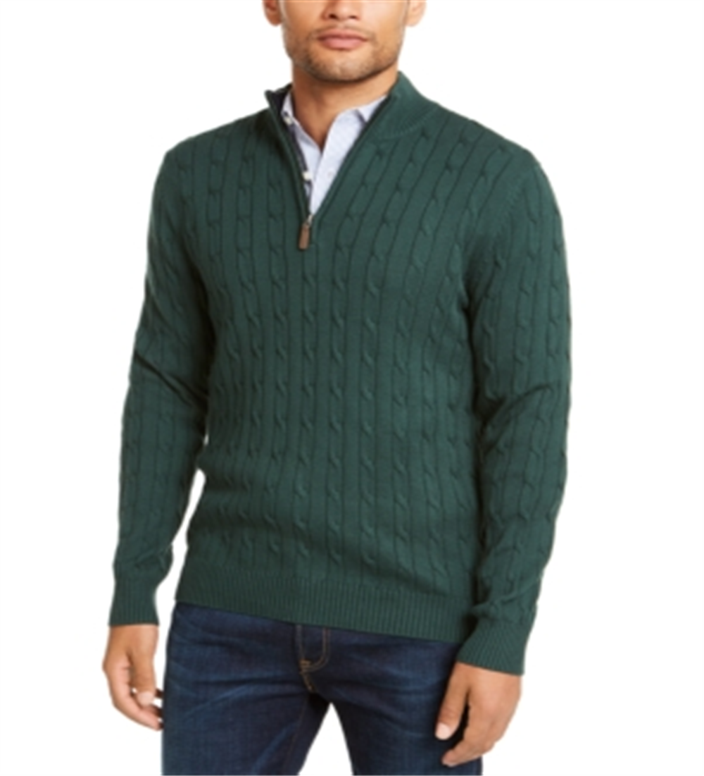Suéter masculino Pima Cable Quarter Zip Verde Tamanho Grande