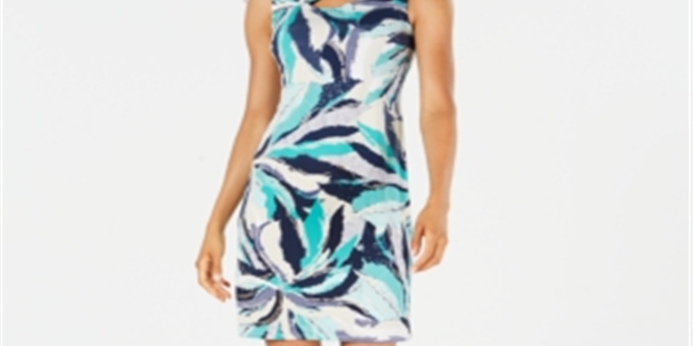 Vestido estampado com decote em V feminino JM Collection, azul, tamanho P