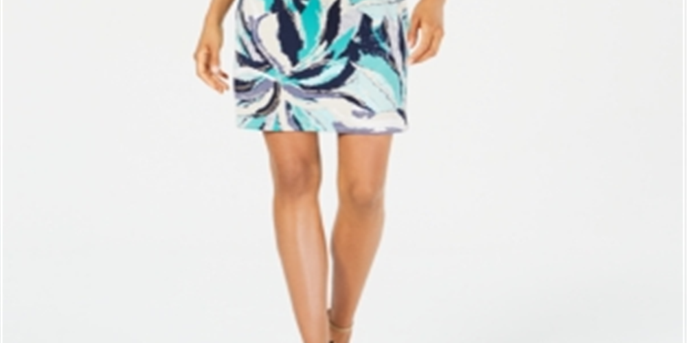 Vestido estampado com decote em V feminino JM Collection, azul, tamanho P