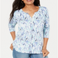 Blusa feminina Karen Scott estampada com decote dividido, azul, tamanho X-S