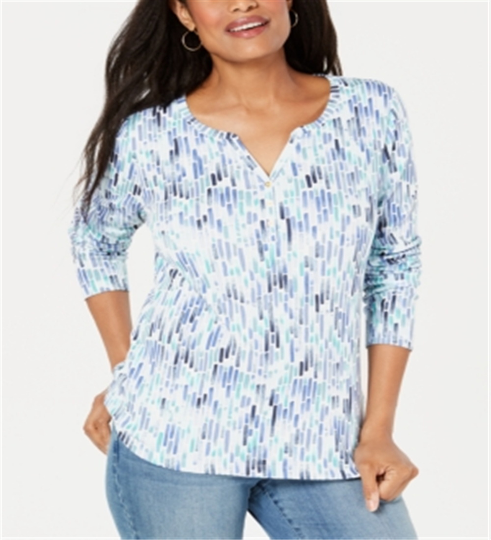 Blusa feminina Karen Scott estampada com decote dividido, azul, tamanho X-S