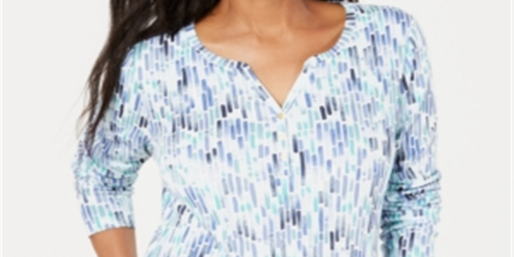 Blusa feminina Karen Scott estampada com decote dividido, azul, tamanho X-S