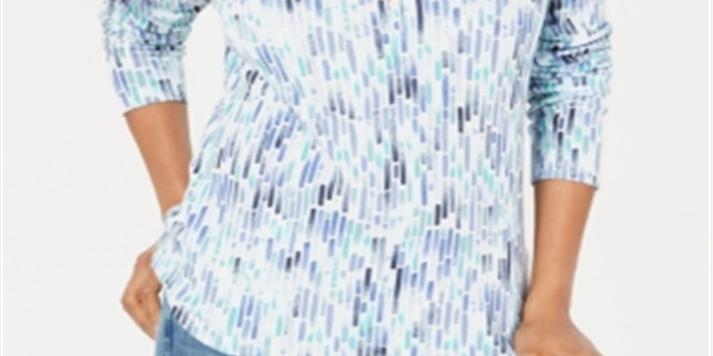 Blusa feminina Karen Scott estampada com decote dividido, azul, tamanho X-S