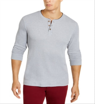 Club Room Men's Waffle Knit Crewneck Henley Shirt Gray Size Medium