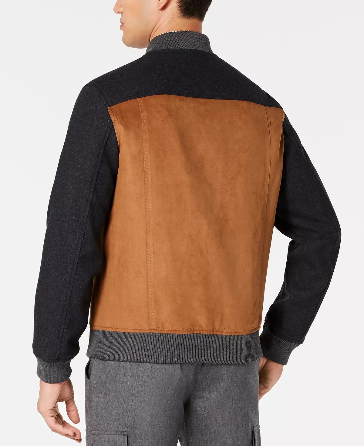 Jaqueta bomber masculina Tasso Elba em couro sintético com blocos de cores e mix de mídias, marrom, tamanho pequeno