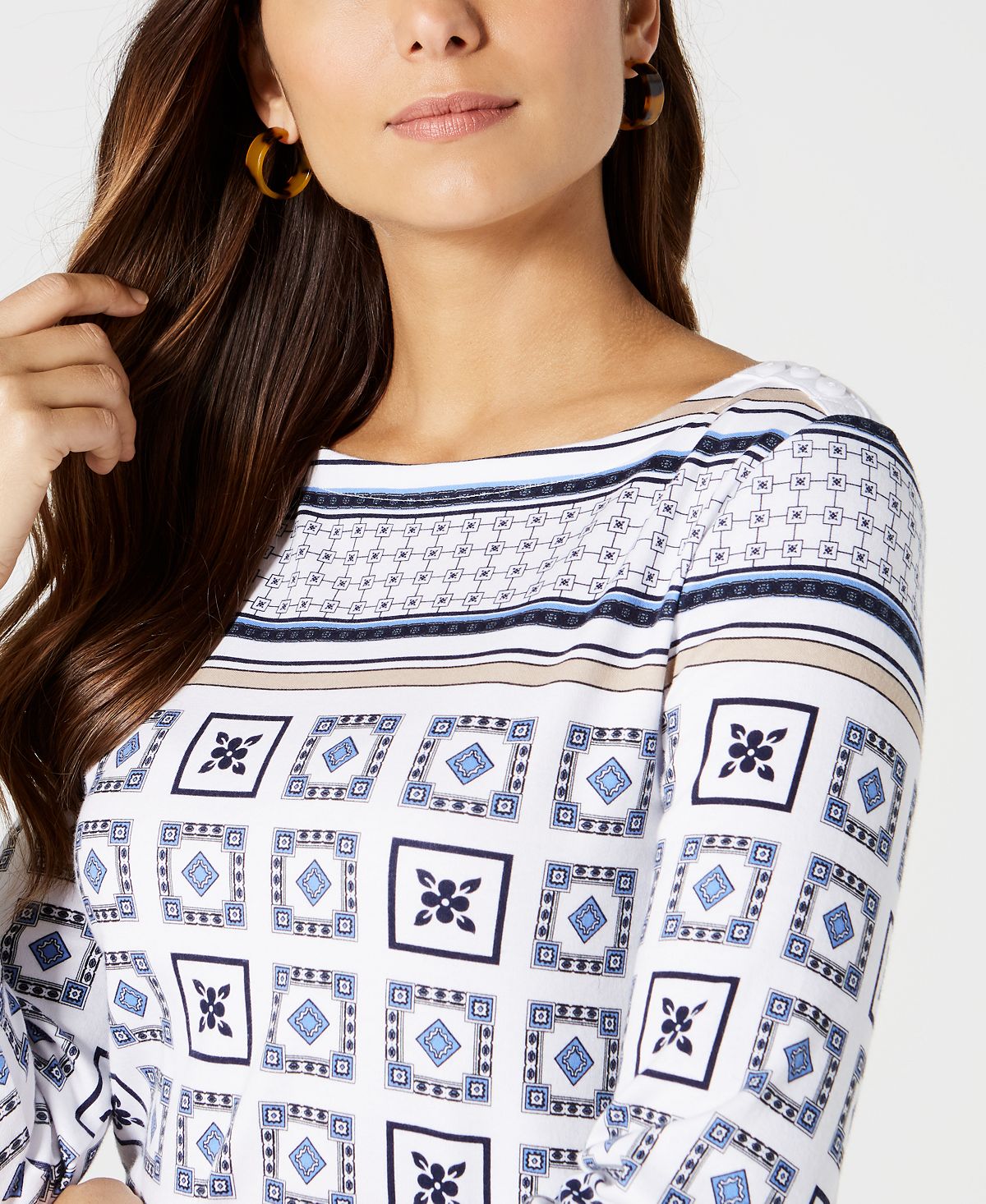Charter Club New Orleans Boat Cotton Printed Top Feminino Branco Tamanho Médio