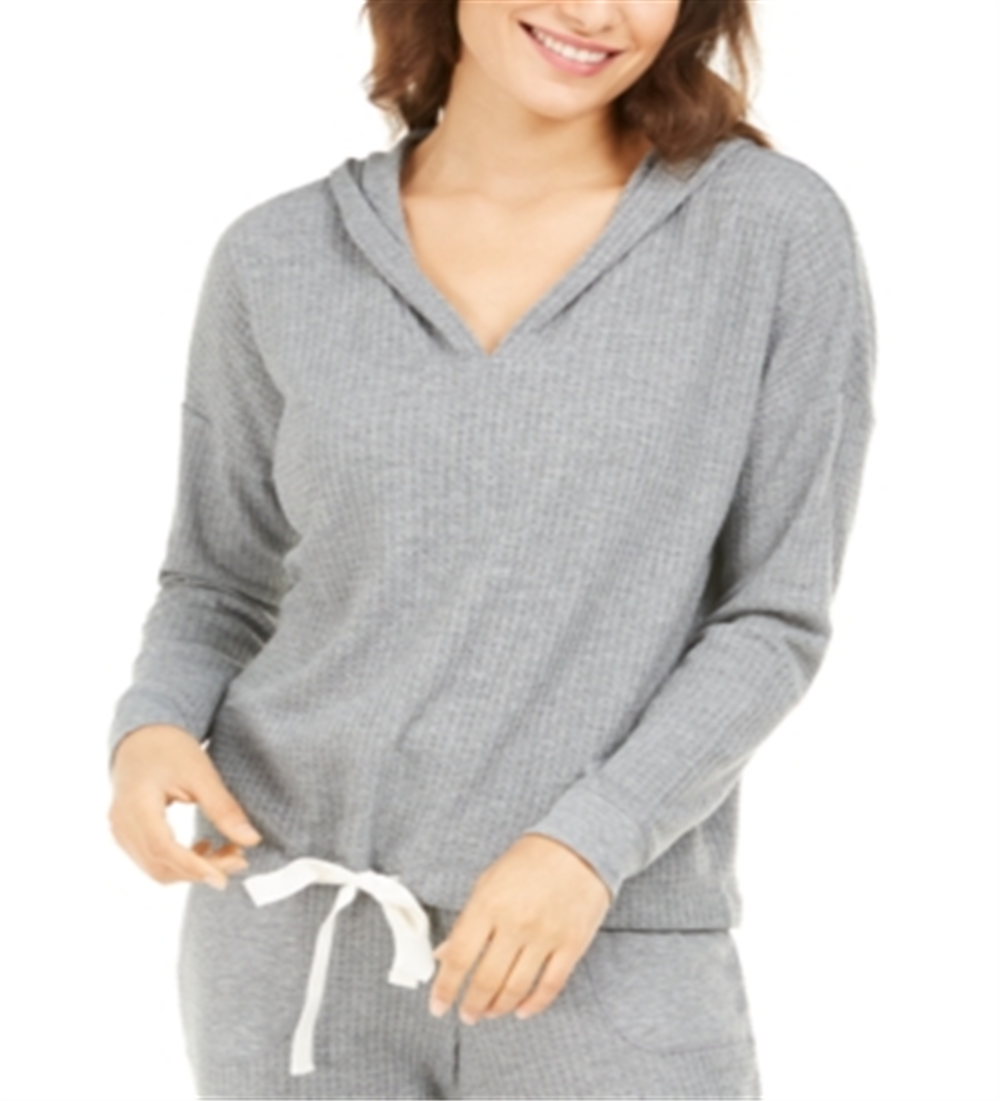 Pijama feminino térmico com capuz e decote em V Alfani, cinza, tamanho XS