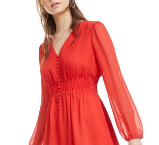 Bar III Women's V Neck Smocked Fit & Flare Dress Red Size Large