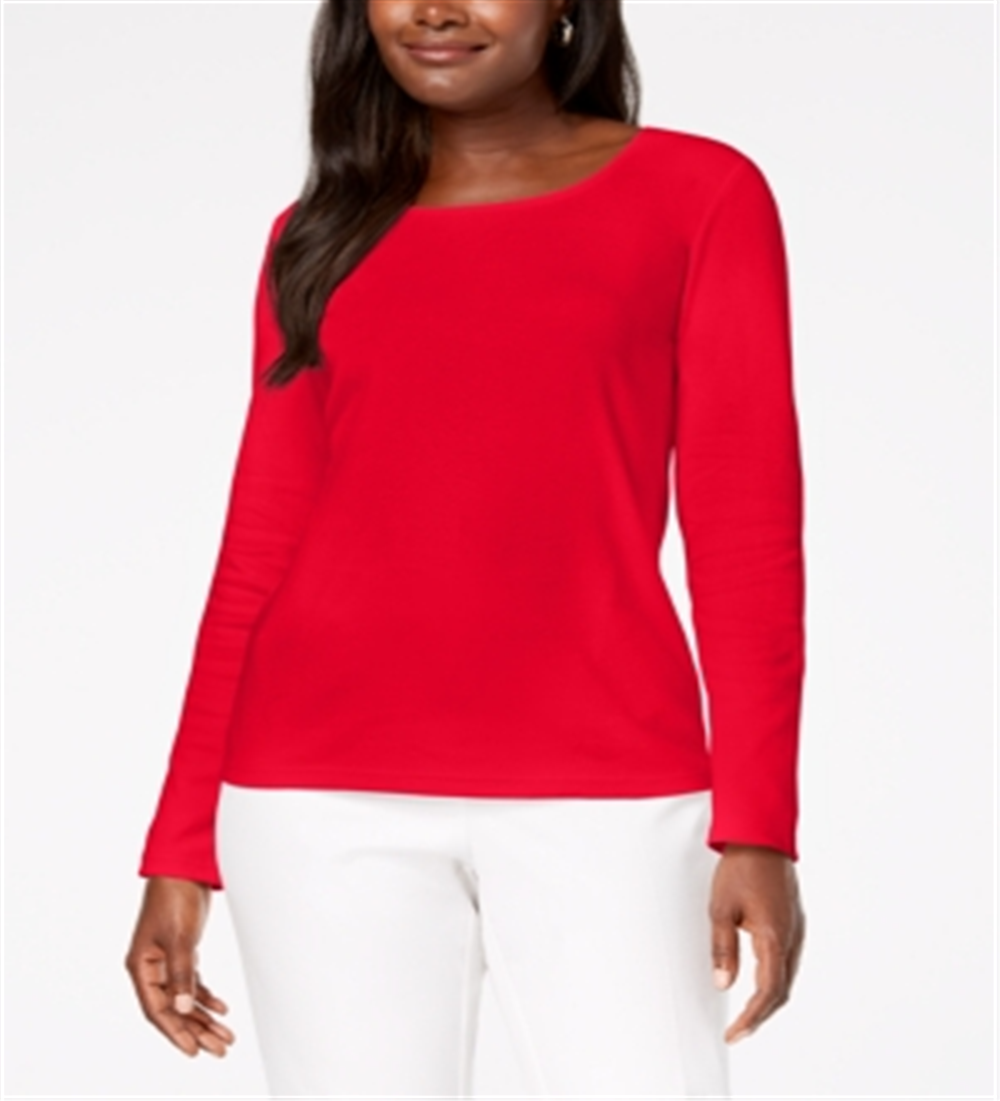 Karen Scott Blusa feminina de algodão com decote redondo, vermelha, tamanho pequeno P