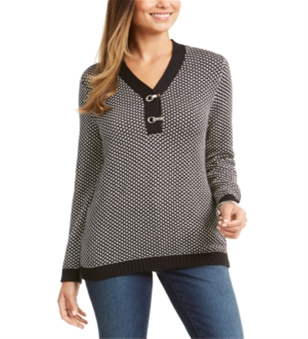 Karen Scott Suéter Henley Feminino de Algodão Bicolor Preto Tamanho Pequeno Médio