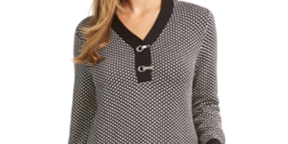 Karen Scott Suéter Henley Feminino de Algodão Bicolor Preto Tamanho Pequeno Médio