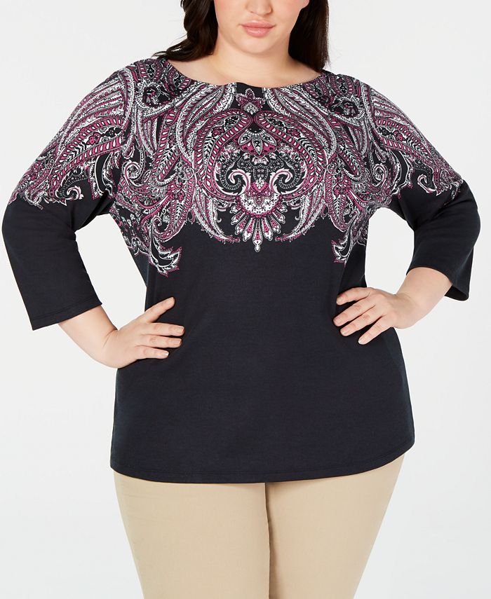 Karen Scott Top feminino estampado plus size manga 3/4 preto tamanho 4X