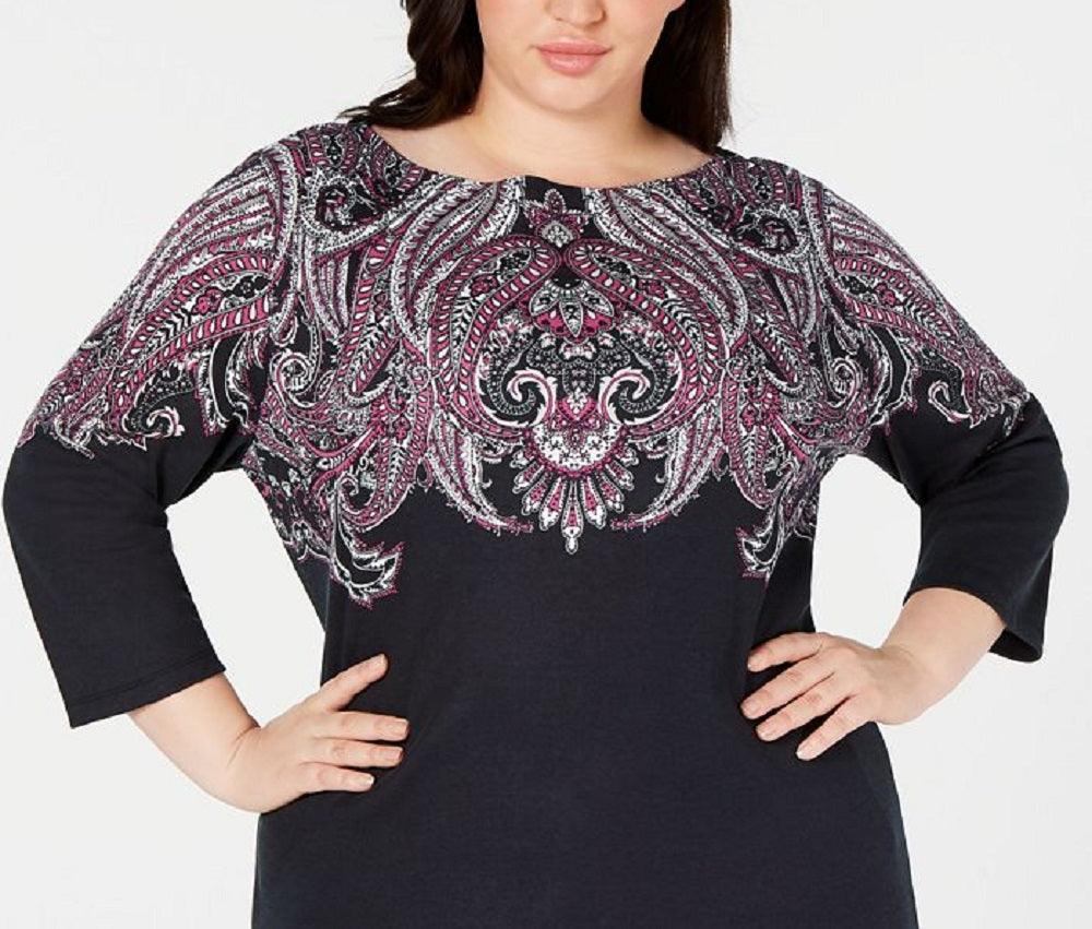 Karen Scott Top feminino estampado plus size manga 3/4 preto tamanho 4X