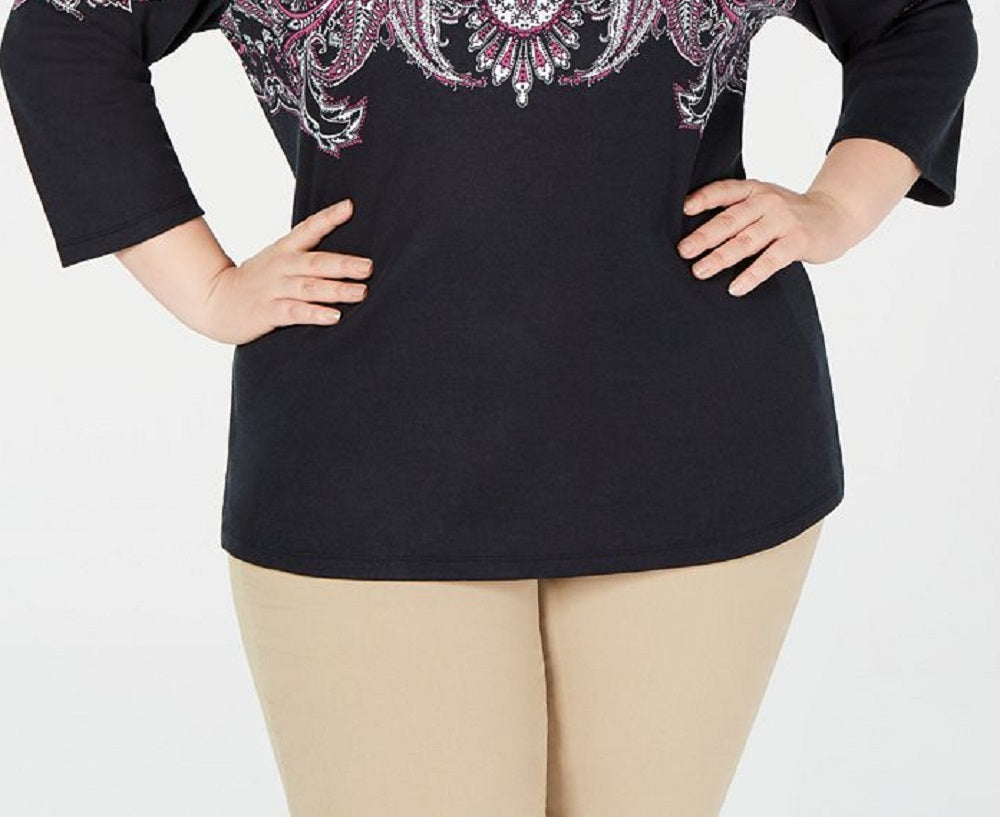 Karen Scott Top feminino estampado plus size manga 3/4 preto tamanho 4X