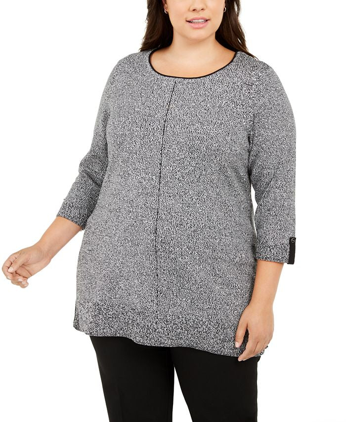 Karen Scott Suéter Feminino de Algodão Marmorizado com Acabamento Contrastado, Preto, Tamanho 3X