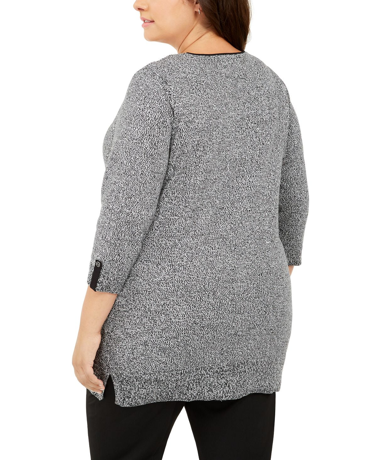 Karen Scott Suéter Feminino de Algodão Marmorizado com Acabamento Contrastado, Preto, Tamanho 3X