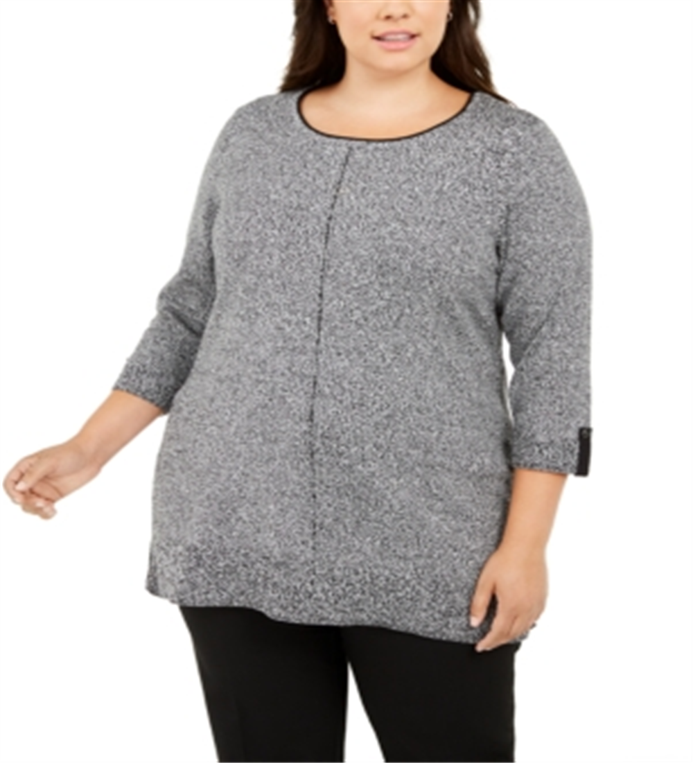 Karen Scott Suéter Feminino de Algodão Marmorizado com Acabamento Contrastado, Preto, Tamanho 3X