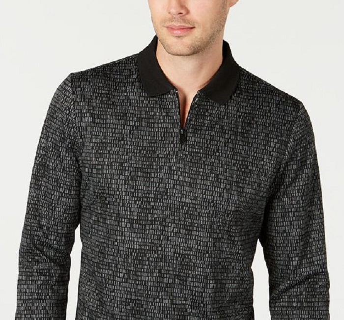 Camisa casual masculina Alfani com estampa de manga comprida e zíper de um quarto, preta, tamanho pequeno