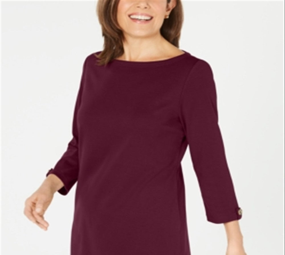 Karen Scott Blusa feminina de algodão com botões laterais e manga 3/4, vermelha, tamanho X-S