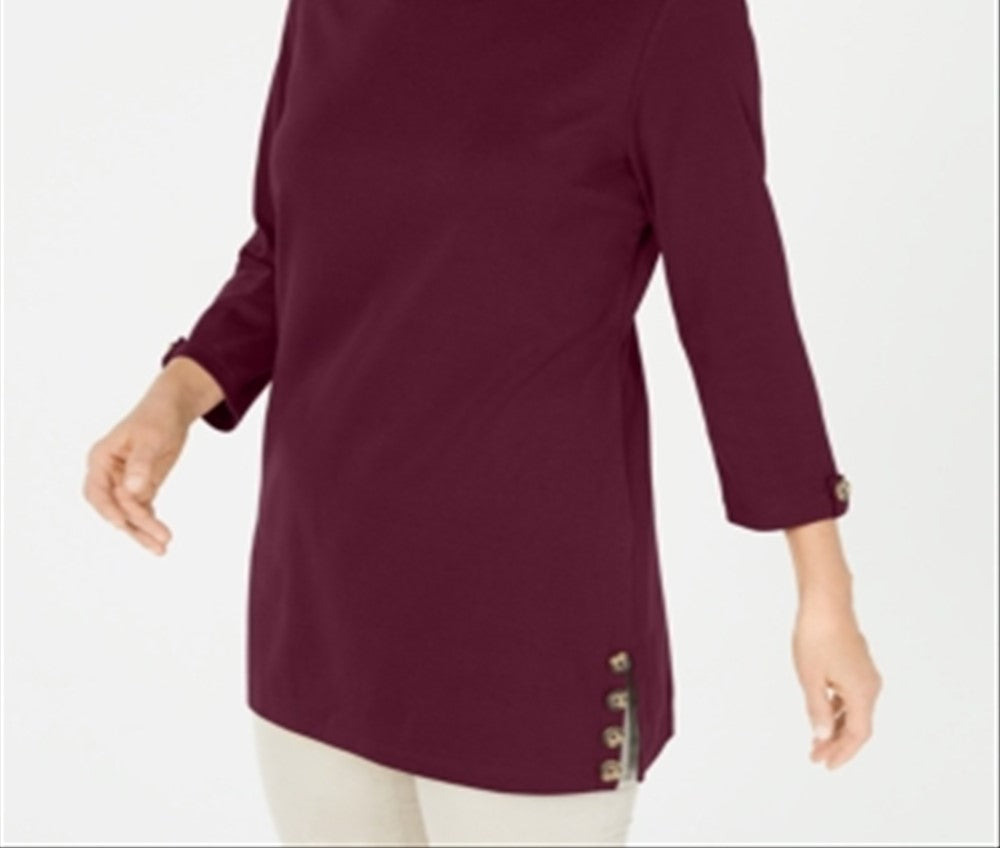 Karen Scott Blusa feminina de algodão com botões laterais e manga 3/4, vermelha, tamanho X-S