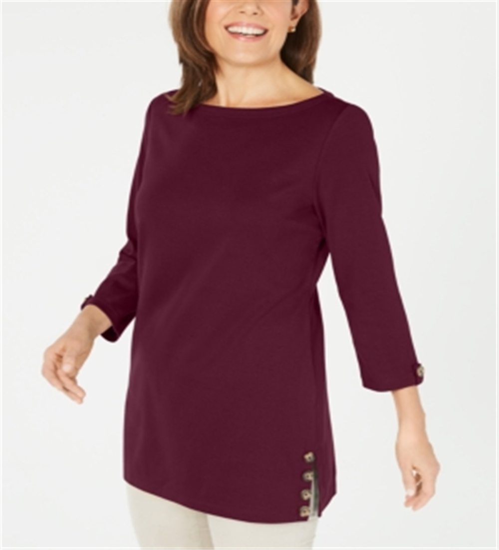 Blusa de algodão com manga 3/4 e botões laterais Karen Scott, tamanho pequeno