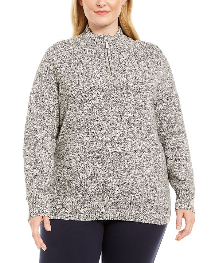 Karen Scott Suéter Feminino Plus Algodão Meio Zíper Marrom Tamanho 2X