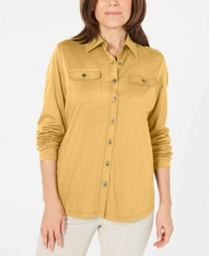 Karen Scott Blusa Feminina Mix Media com Botões Frontais Marrom Tamanho P