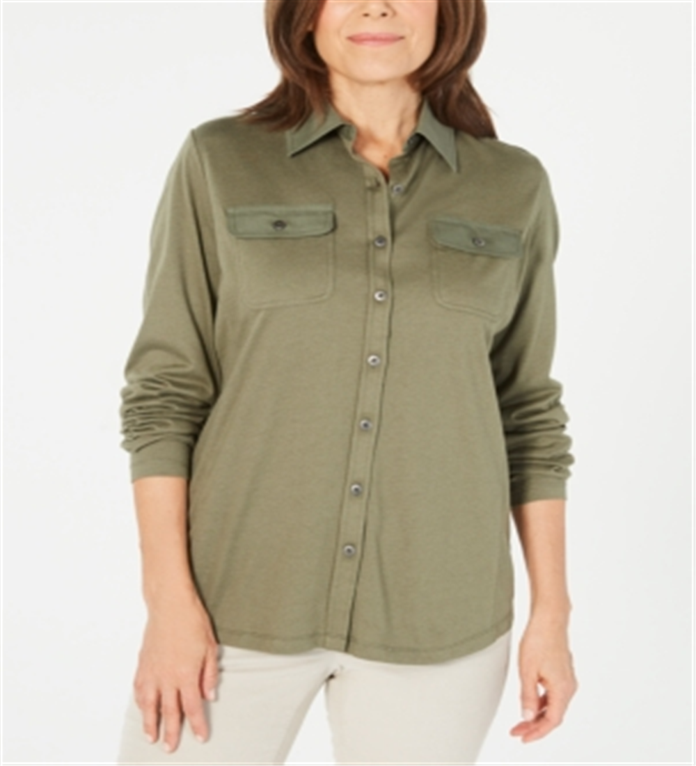 Karen Scott Blusa Feminina Mix Media com Botões Frontais Verde Tamanho P