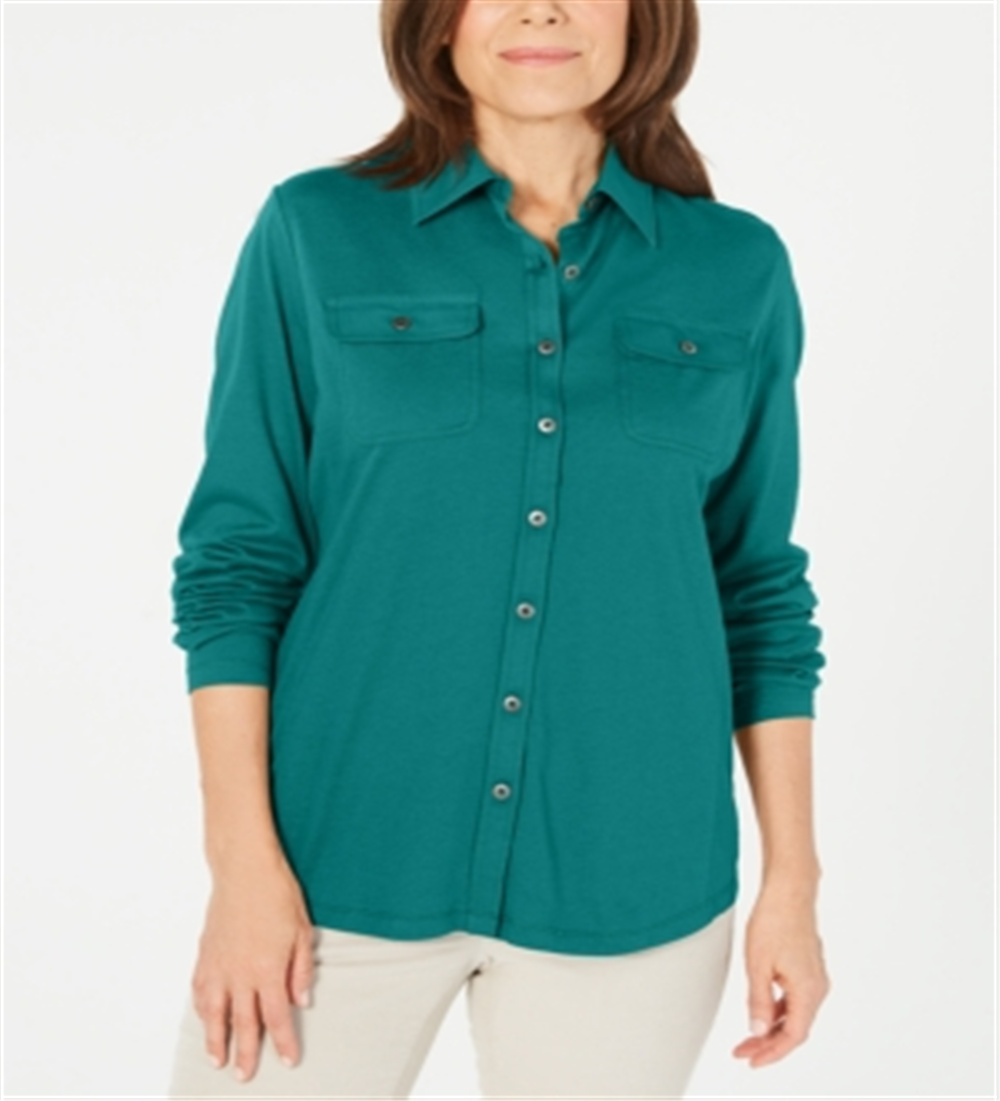 Blusa feminina Karen Scott com botões frontais e técnica mista, azul, tamanho médio