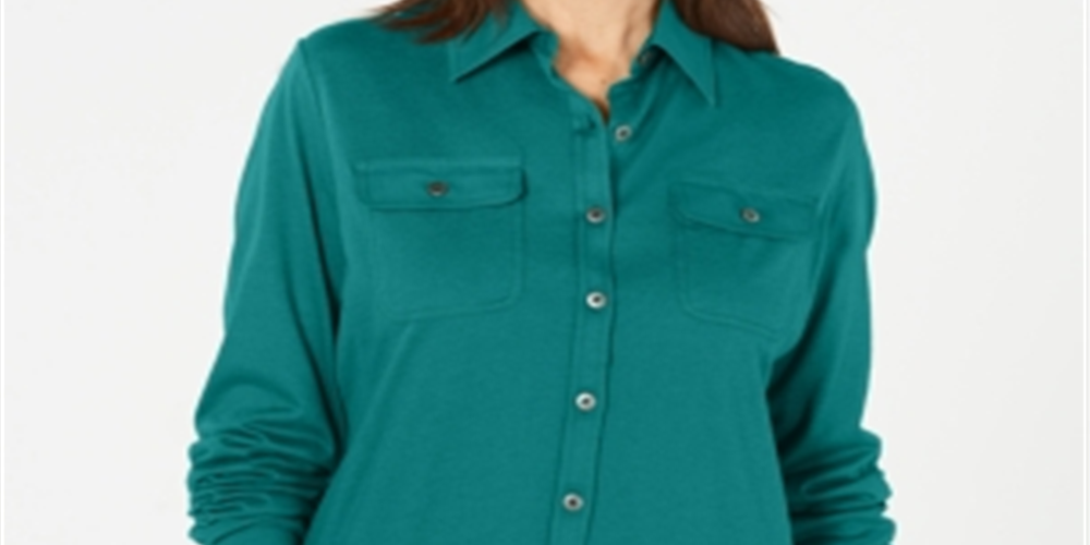 Blusa feminina Karen Scott com botões frontais e técnica mista, azul, tamanho médio