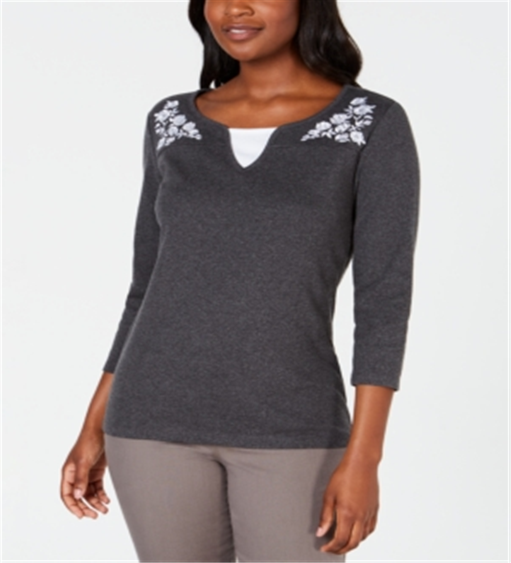 Blusa feminina Karen Scott de algodão bordado com efeito em camadas, cinza, tamanho XXG