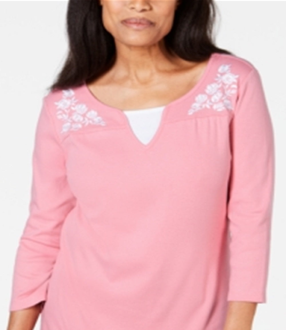 Blusa feminina Karen Scott de algodão bordado com camadas, rosa, tamanho pequeno