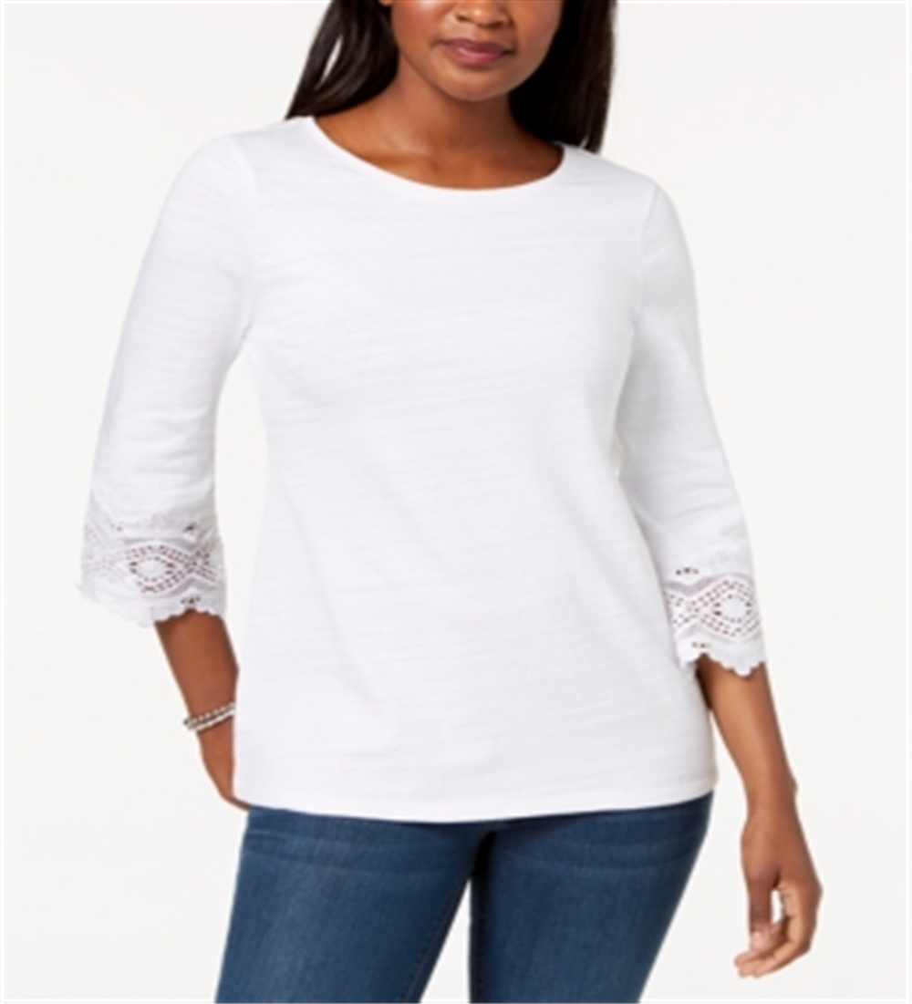 Top feminino Charter Club com acabamento em renda de algodão, branco, tamanho pequeno G