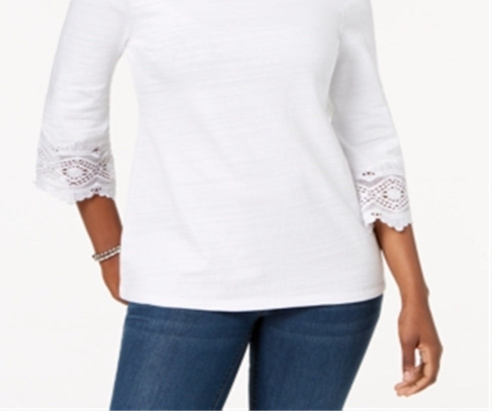 Top feminino Charter Club com acabamento em renda de algodão, branco, tamanho pequeno G