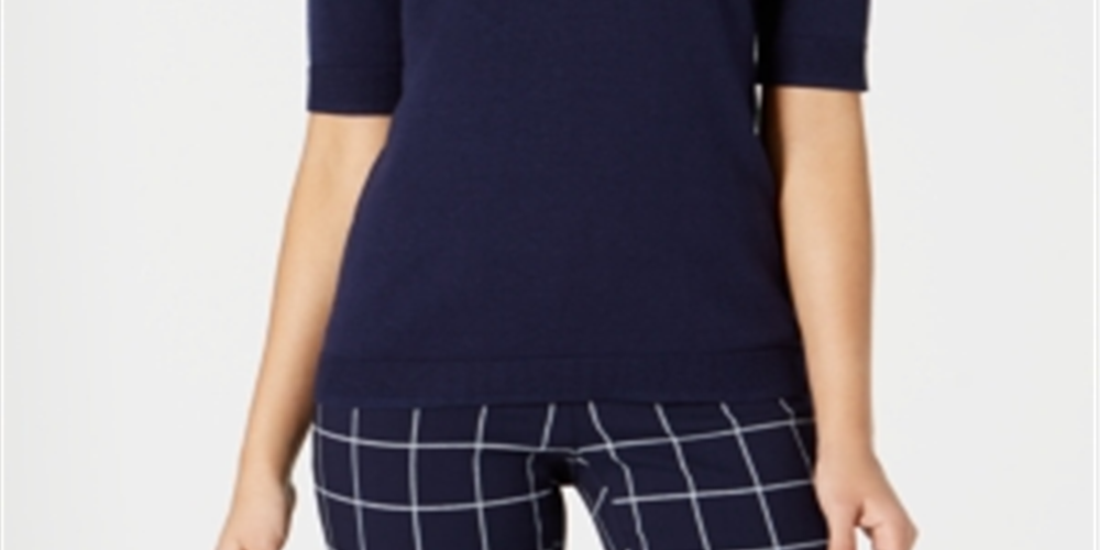 Suéter feminino Charter Club com manga cotovelo, azul, tamanho pequeno, médio