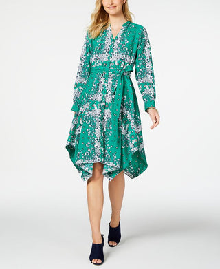 Charter Club Women's Printed Handkerchief-Hem Shirtdress Green Size Petite Medium