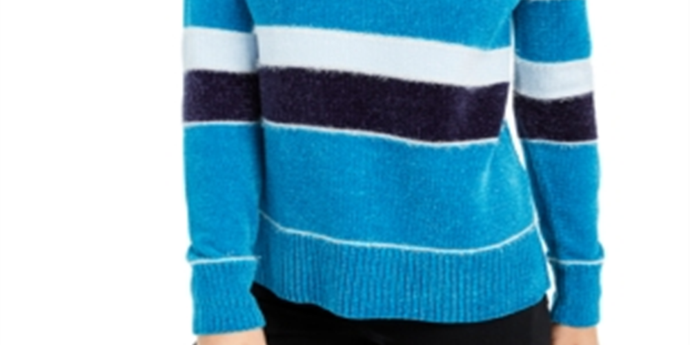 Suéter feminino listrado de chenille metálico Maison Jules, azul, tamanho extragrande