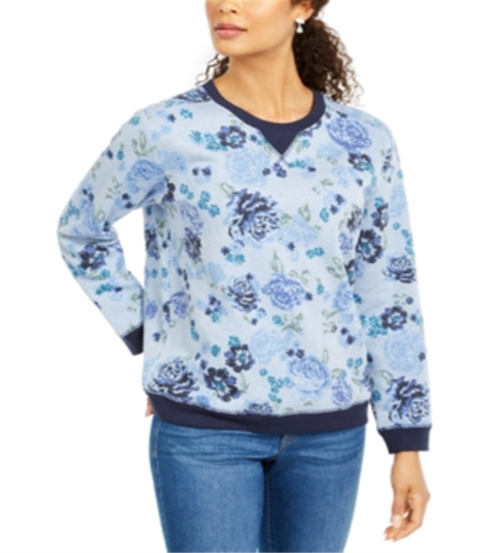 Moletom feminino Karen Scott com estampa de gola redonda, azul, tamanho pequeno médio