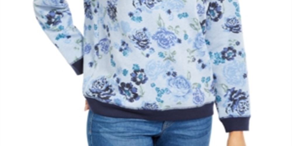 Moletom feminino Karen Scott com estampa de gola redonda, azul, tamanho pequeno médio