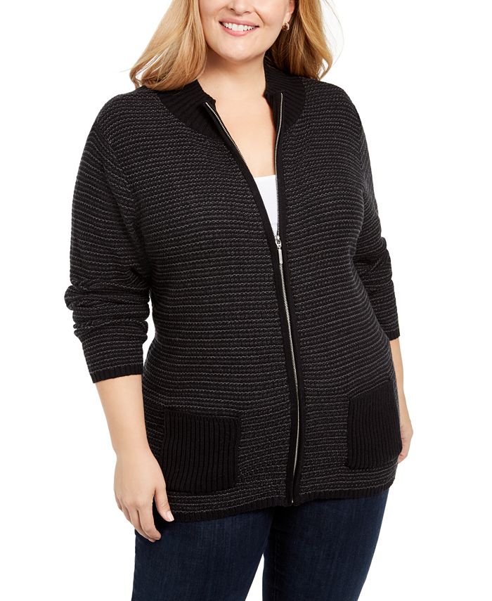 Karen Scott Cardigan Feminino Texturizado com Zíper Frontal Preto Tamanho 1X