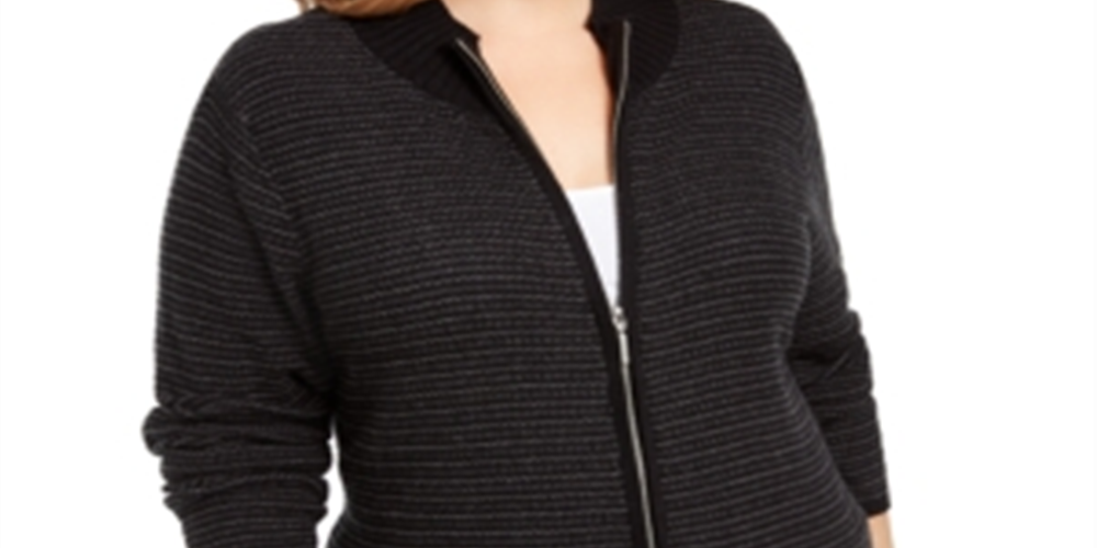 Karen Scott Cardigan Feminino Texturizado com Zíper Frontal Preto Tamanho 1X