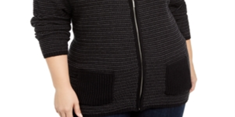 Karen Scott Cardigan Feminino Texturizado com Zíper Frontal Preto Tamanho 1X