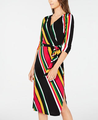 Vestido feminino com cinto, listrado, manga 3/4, decote em V, midi, tamanho grande, rosa, INC International Concepts
