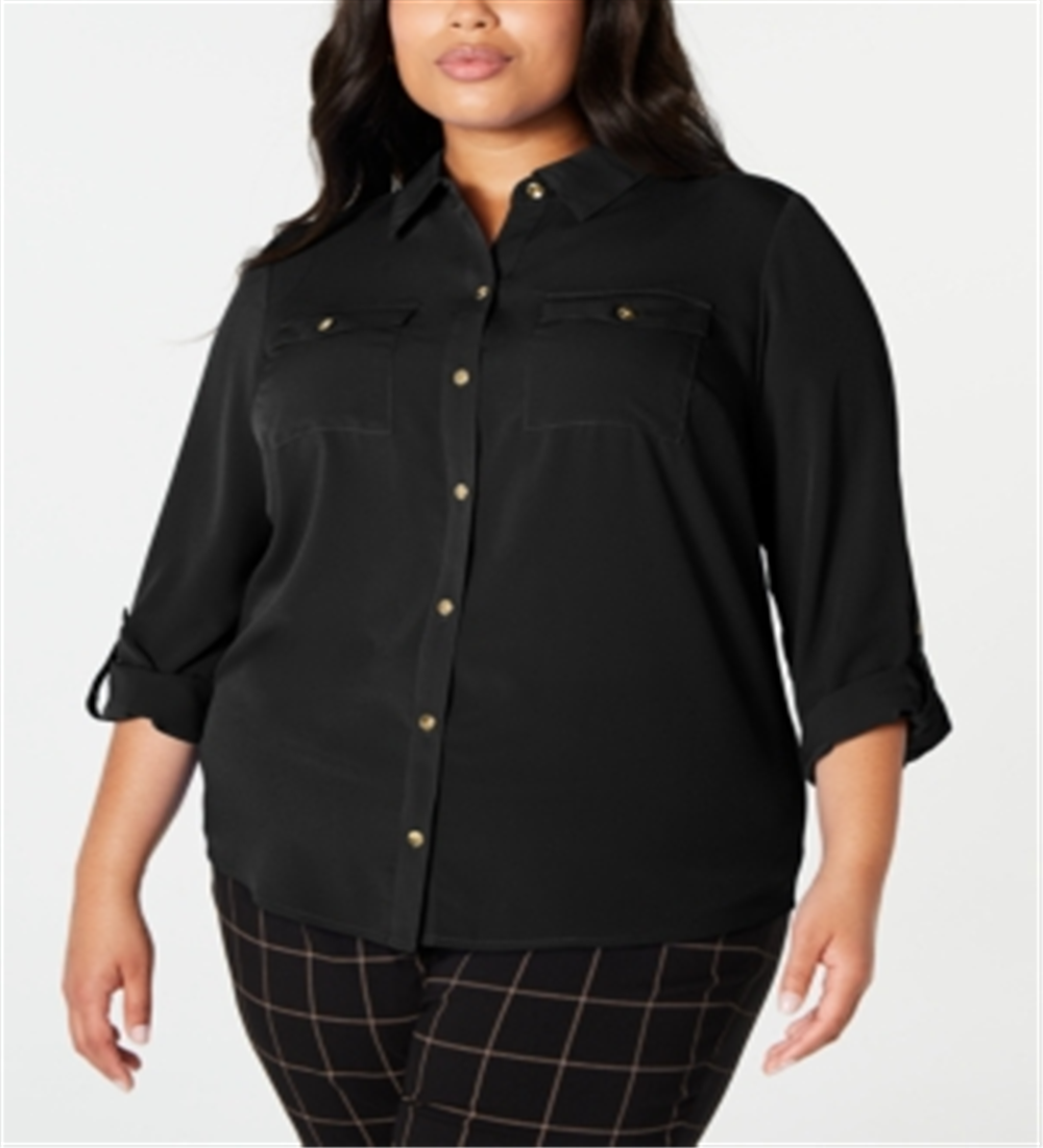 Camisa feminina Charter Club com botões frontais, preta, tamanho 3X