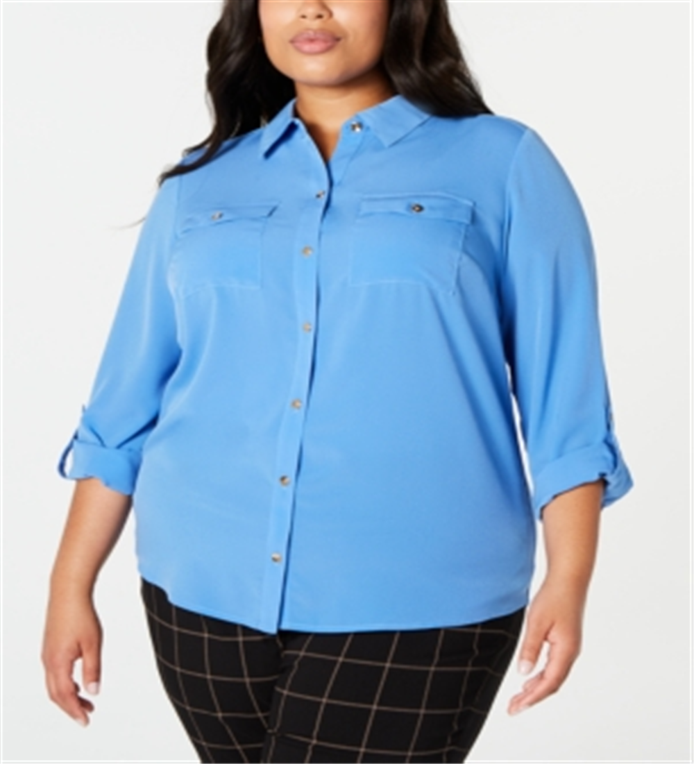 Camisa feminina Charter Club Plus com botões frontais, azul, tamanho 2X