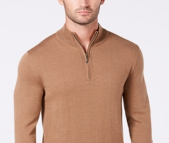 Suéter de lã masculino Club Room com zíper de um quarto, marrom, tamanho grande