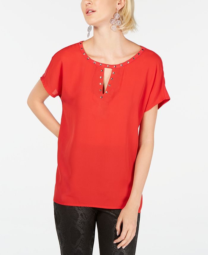 Blusa de malha com tachas e botões da INC International Concepts, vermelha, tamanho grande